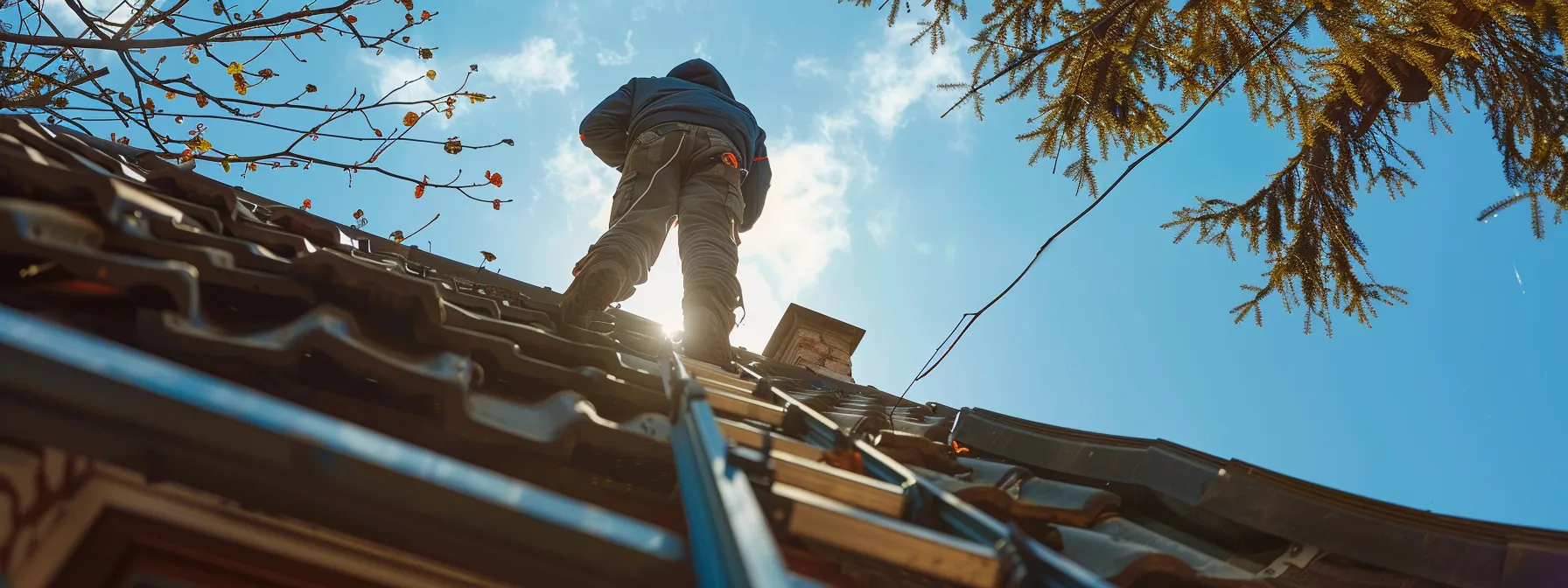 a person standing on a ladder, assessing the roof for damage.