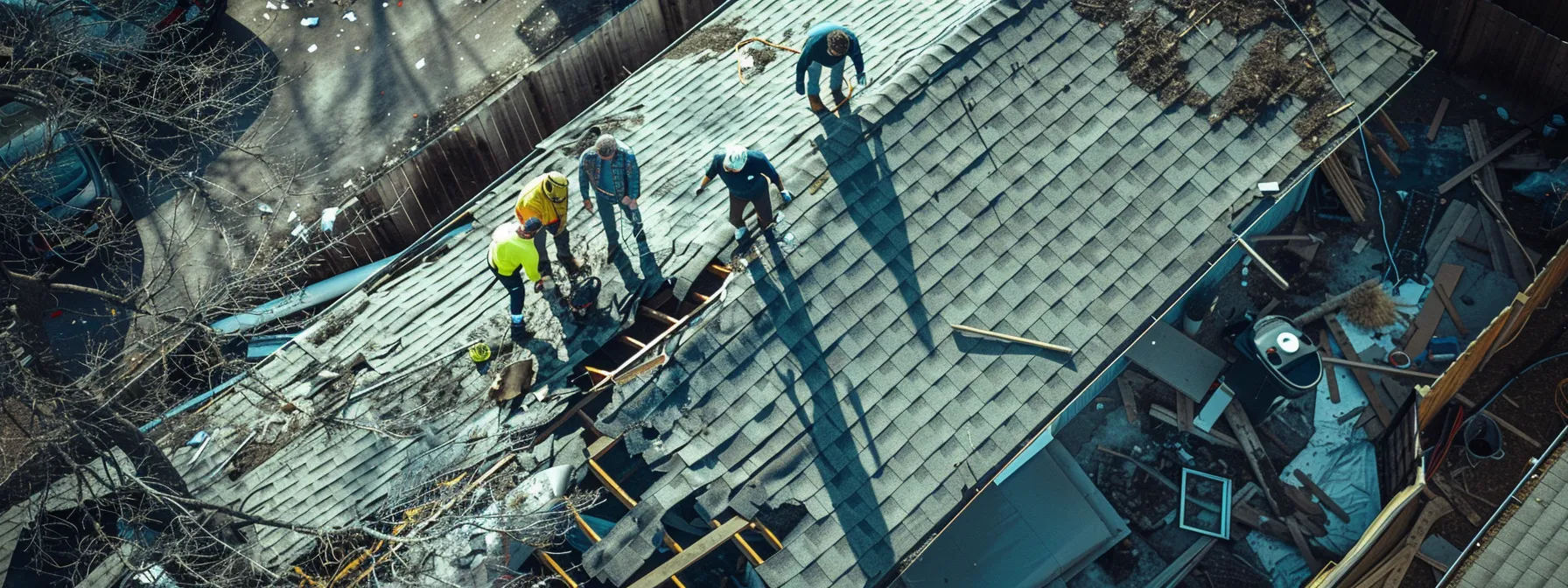 emergency roof repair team quickly assessing damage on a damaged roof.