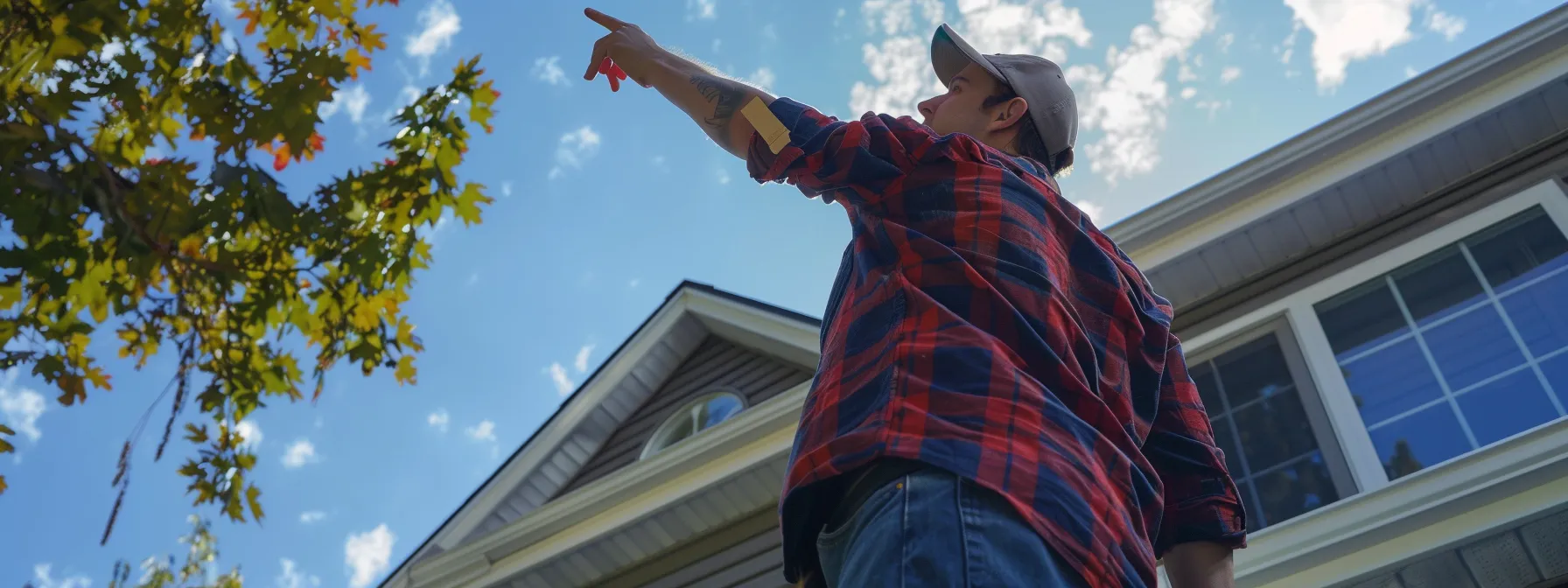 a homeowner standing outside, pointing up at the roof while a roofer takes measurements.