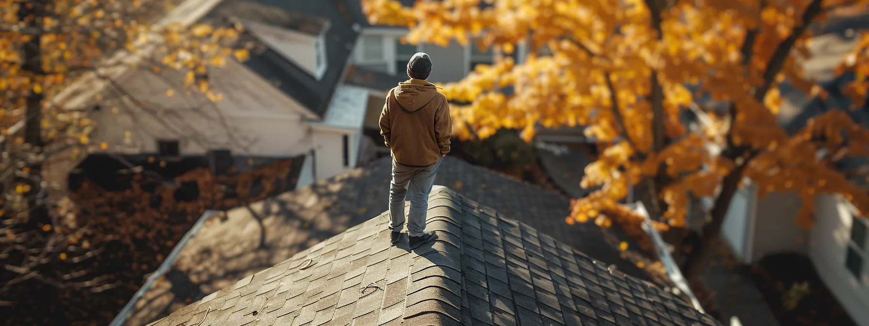 a person standing on a roof, pointing to different roofing materials while discussing options with a homeowner.