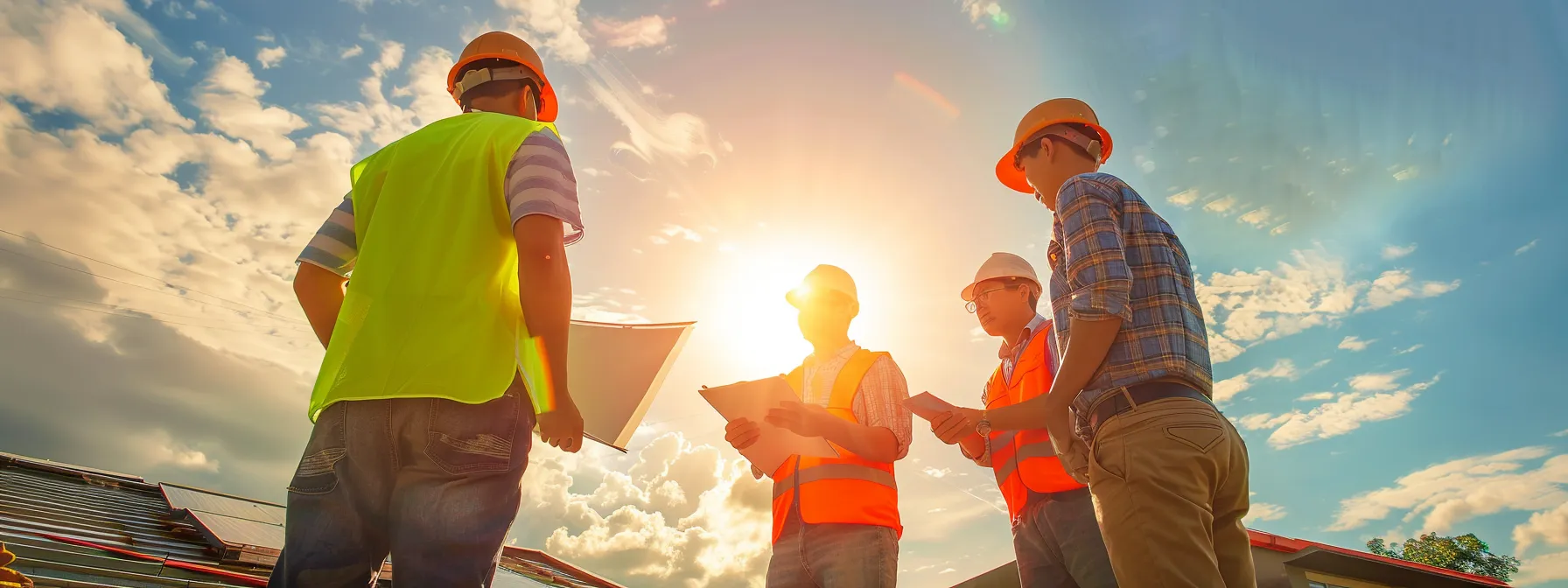 a group of contractors examining roof materials and discussing installation plans on a sunny day.