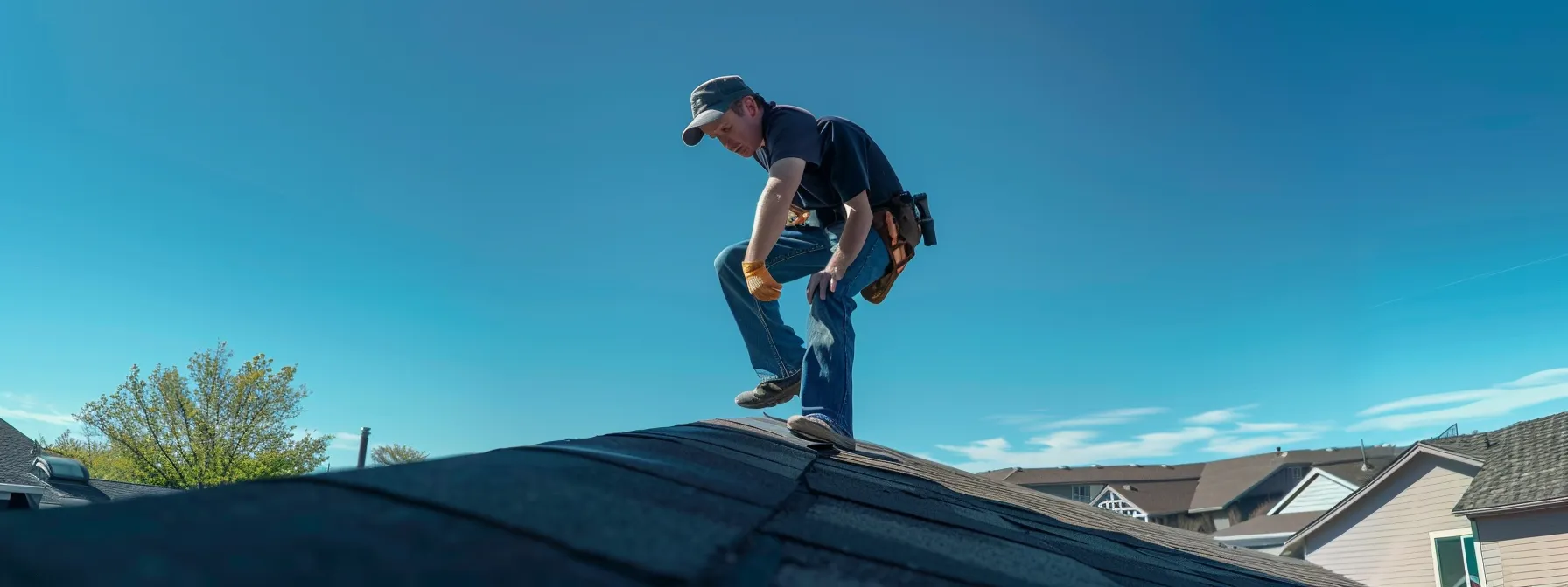 a skilled roofer examining a centennial homeowner's roof for damage under a clear blue sky.