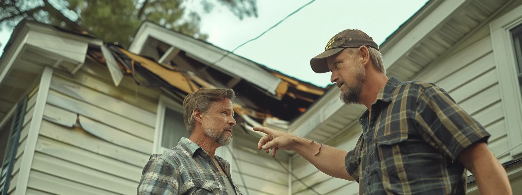 a homeowner pointing at the damaged roof while talking to an insurance adjuster.