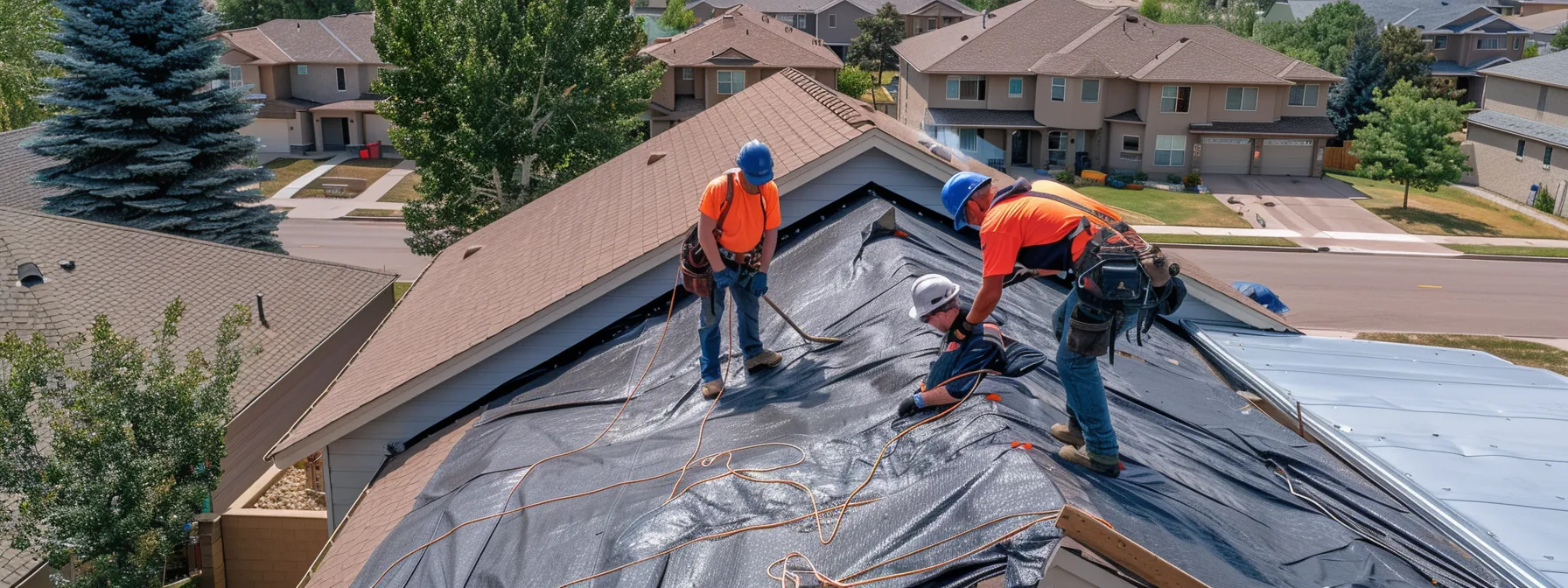 a team of local roofing experts working diligently to repair a damaged roof in centennial.