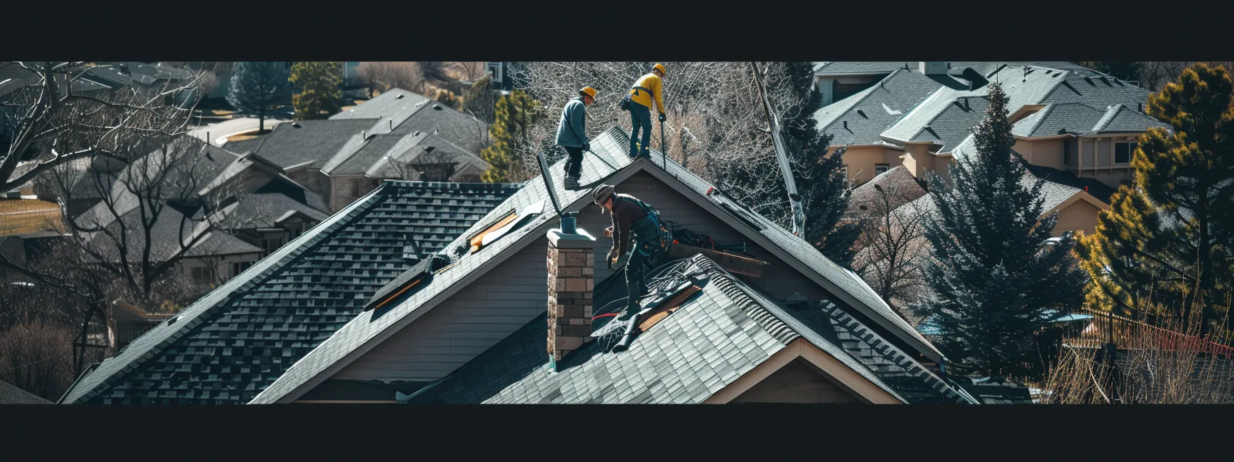 a team of roofers working together to replace shingles on a house roof in centennial, colorado.