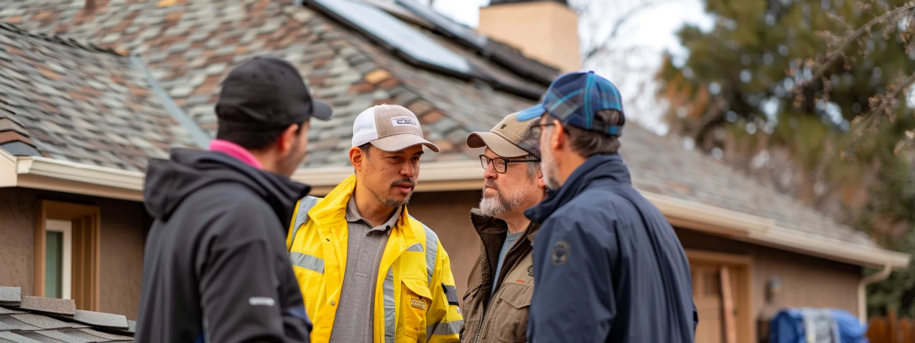 a group of roof inspectors discussing with a homeowner in centennial.