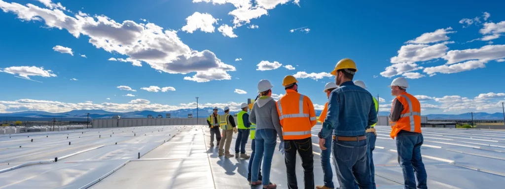 a group of workers in hard hats inspecting a large commercial roof in centennial.