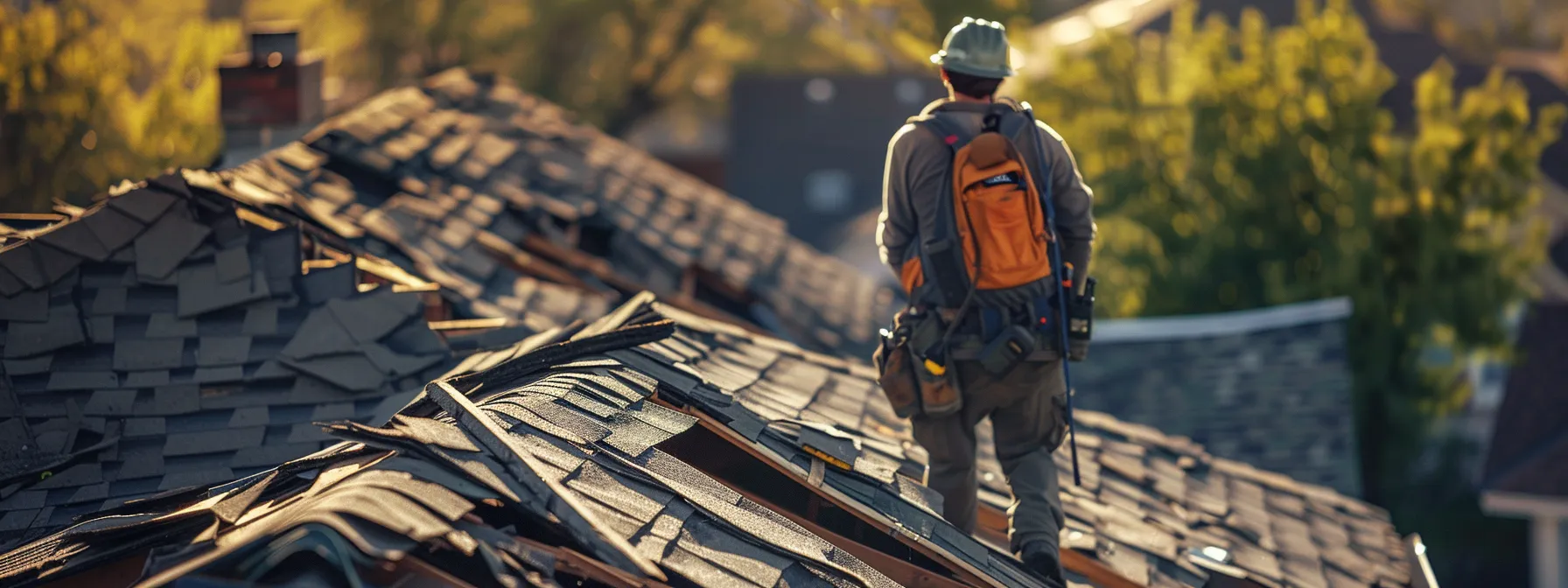 a roofer assessing storm damage on a damaged roof in centennial.