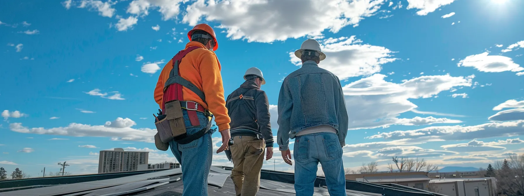 a group of commercial roofers in centennial inspecting a roof for potential work.