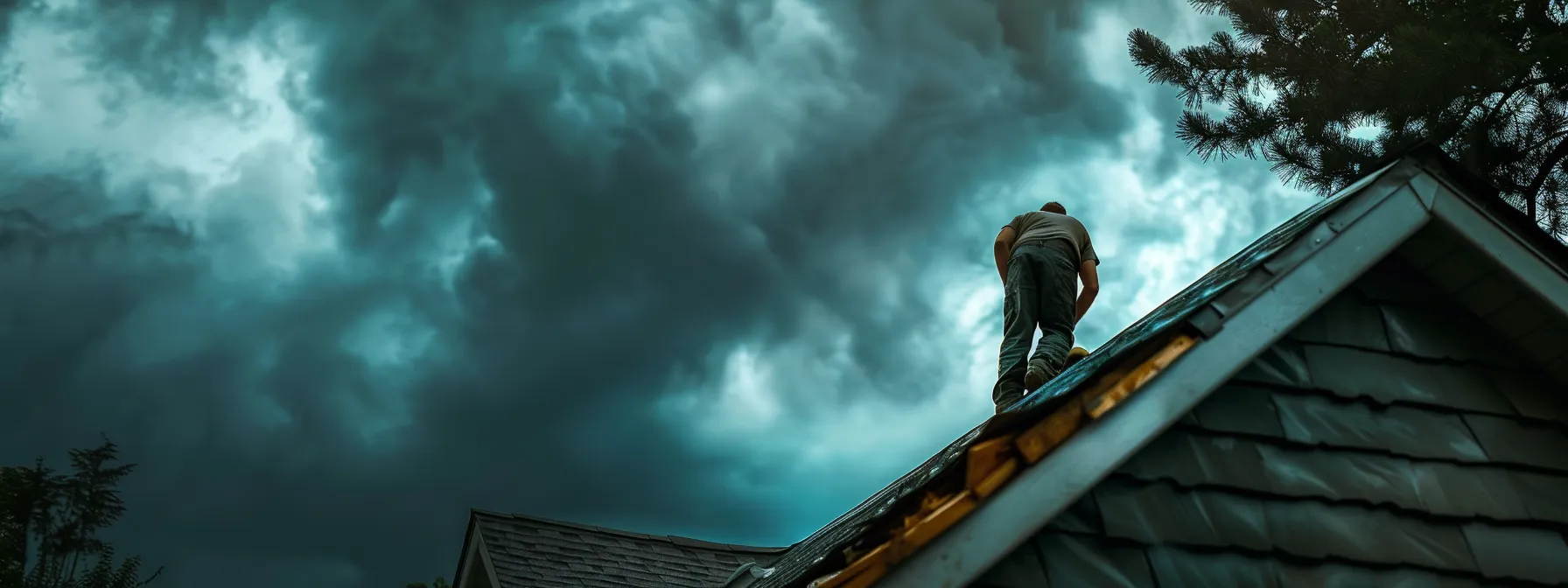 a skilled roofer swiftly repairing a damaged roof under stormy skies, showcasing legacy roofing's quick response to emergency situations.