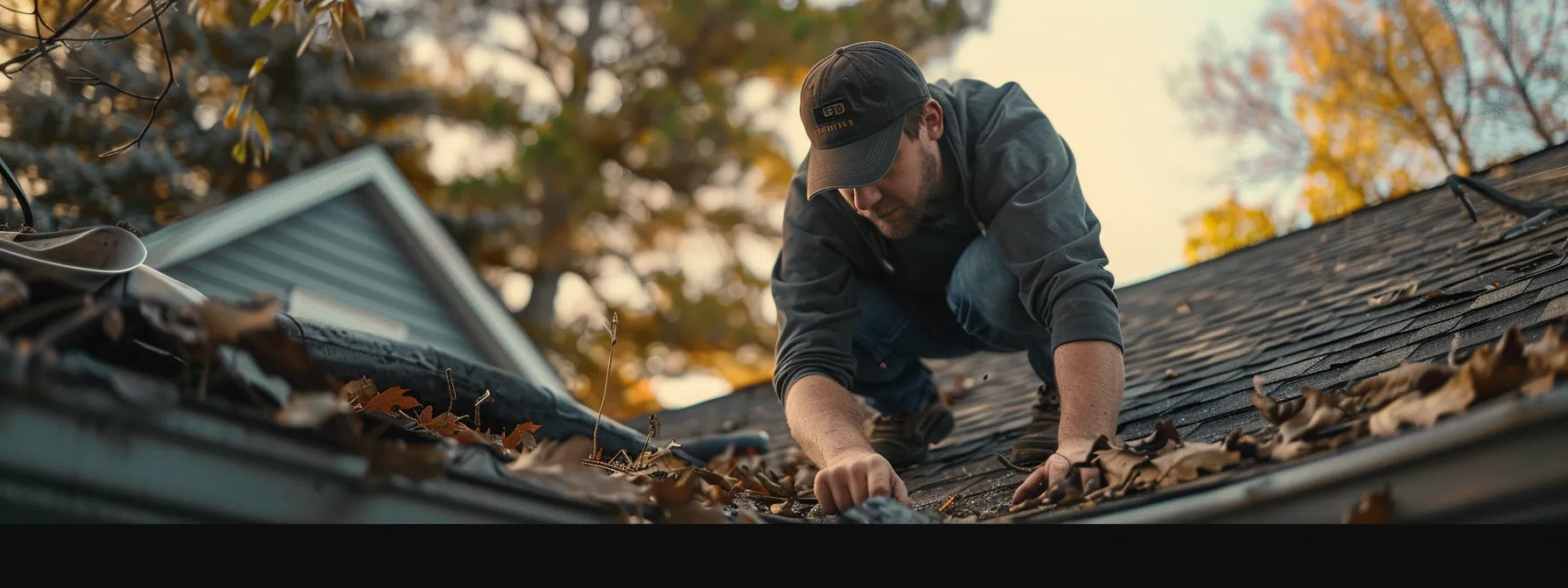 a roofer inspecting a leaking roof with damaged shingles and clogged gutters.