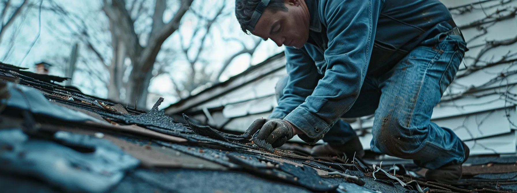 a homeowner examining lifted shingles on a damaged roof.