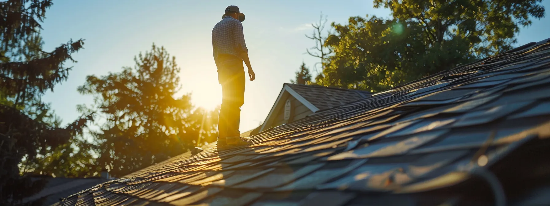 a homeowner inspecting their centennial roof for potential issues during a sunny day.