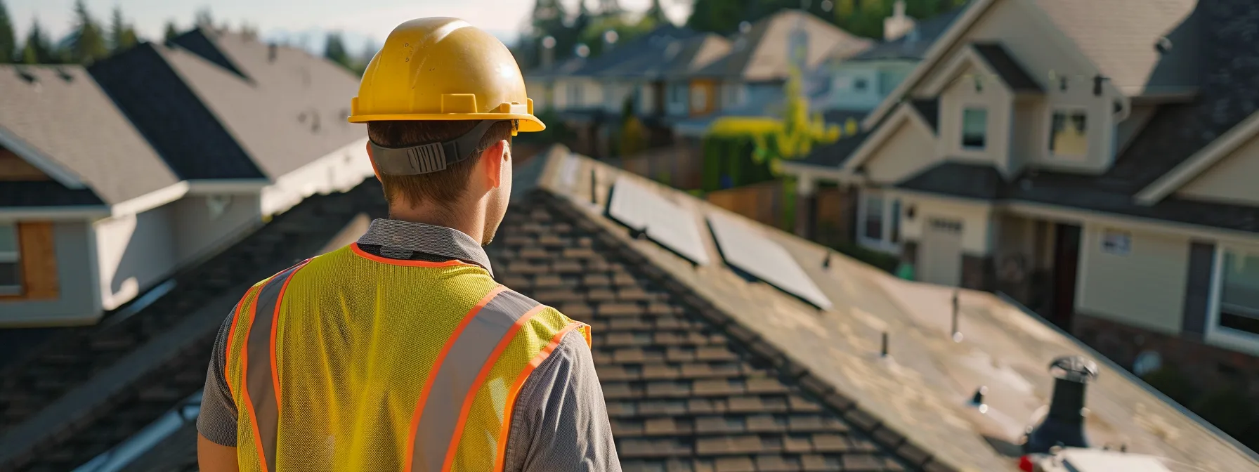 a contractor inspecting a clear and accessible roof as the homeowner looks on.