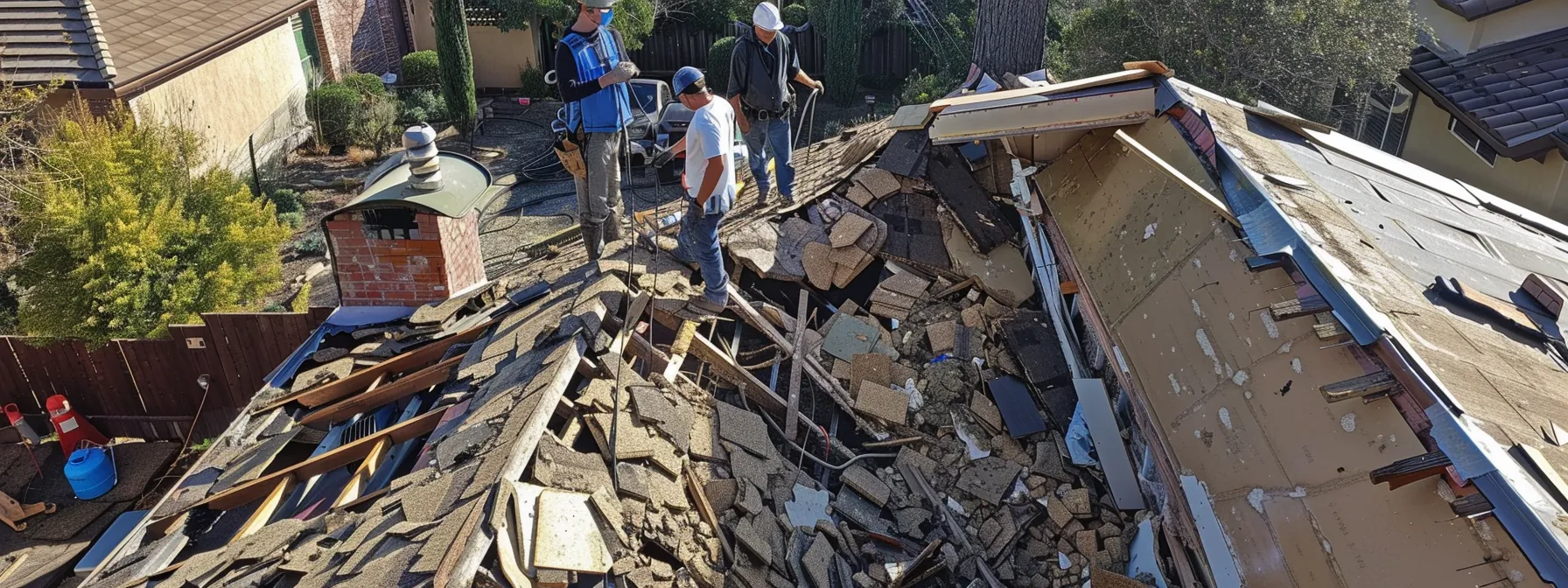 a team of roofers conducting a thorough damage assessment on a centennial homeowner's roof, with tools and equipment scattered around.