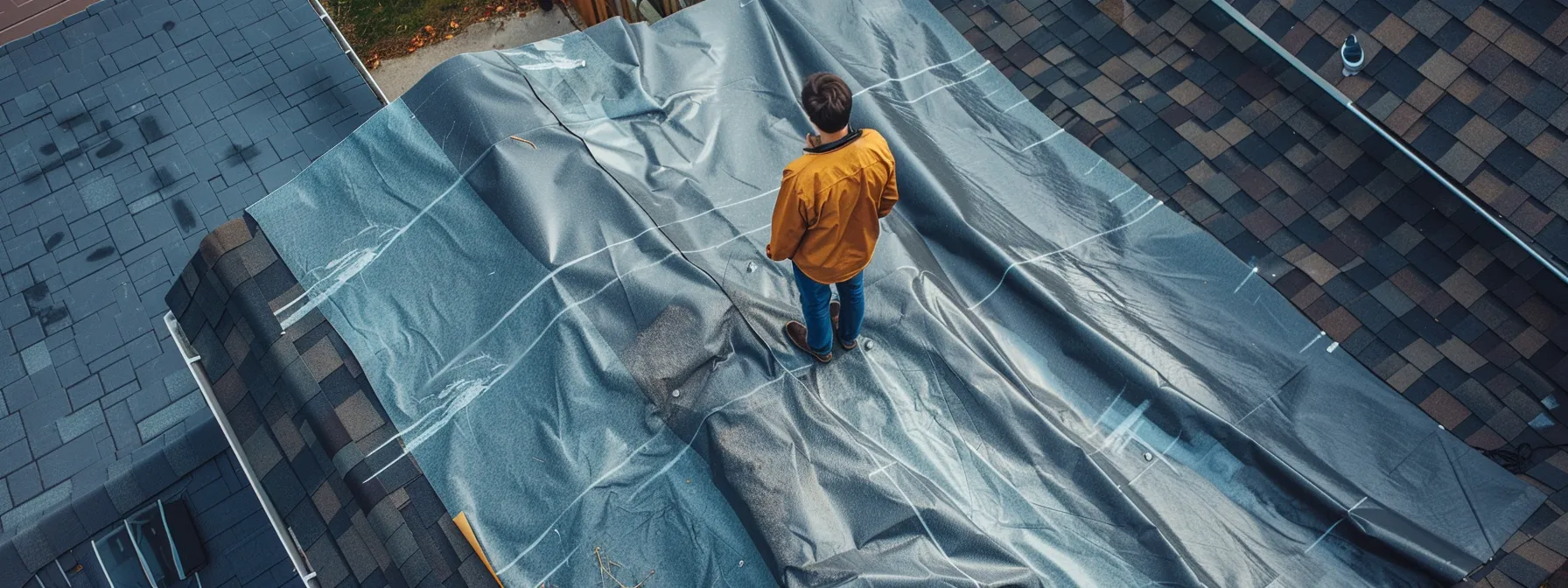 a homeowner standing on the ground, inspecting the roof for damage with a tarp nearby ready for temporary repairs.