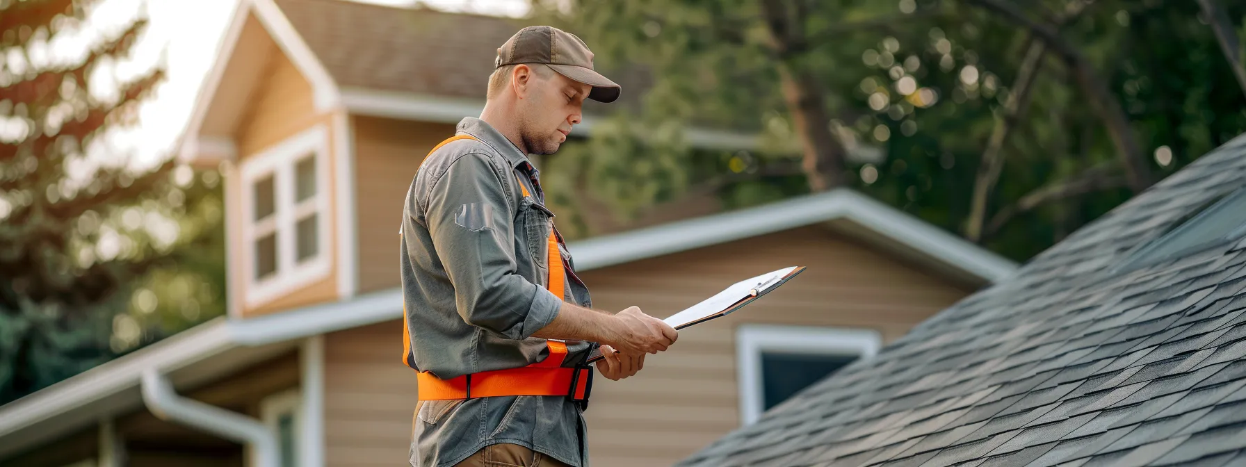 a property owner reviewing a portfolio of completed roofing projects with a commercial roofer.