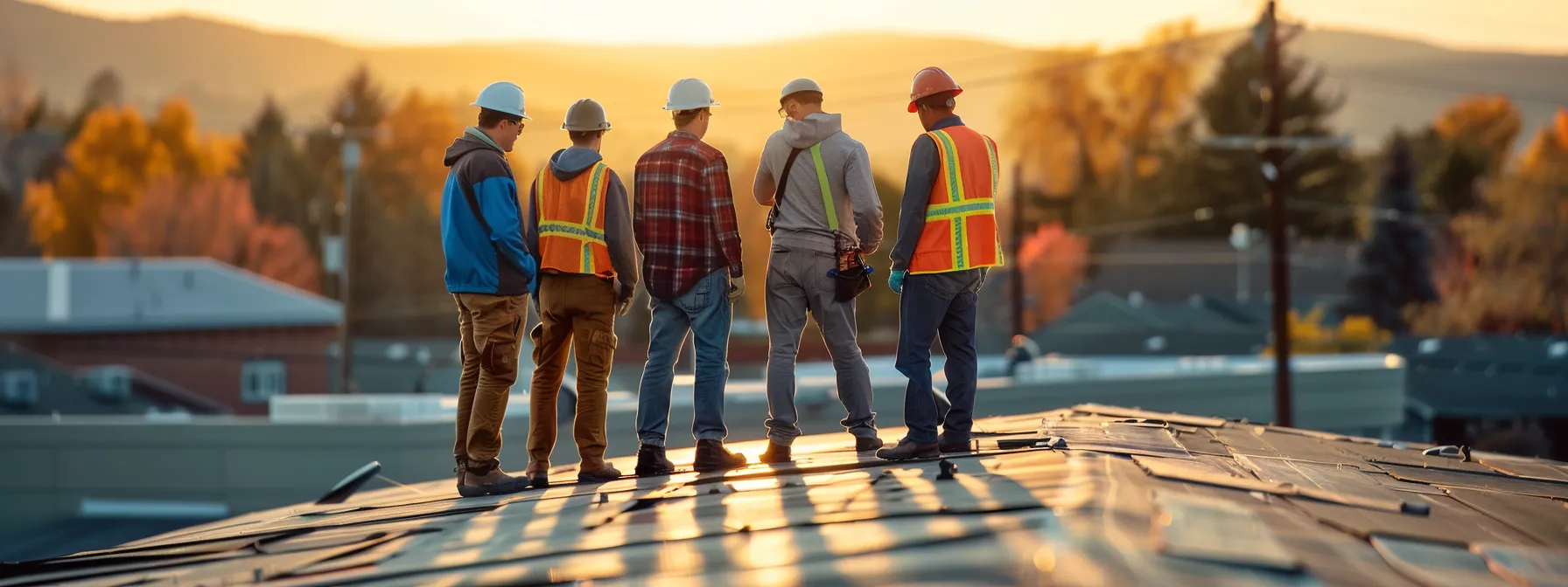 a group of roofers inspecting a commercial roof in centennial, discussing the best materials and methods for durability.