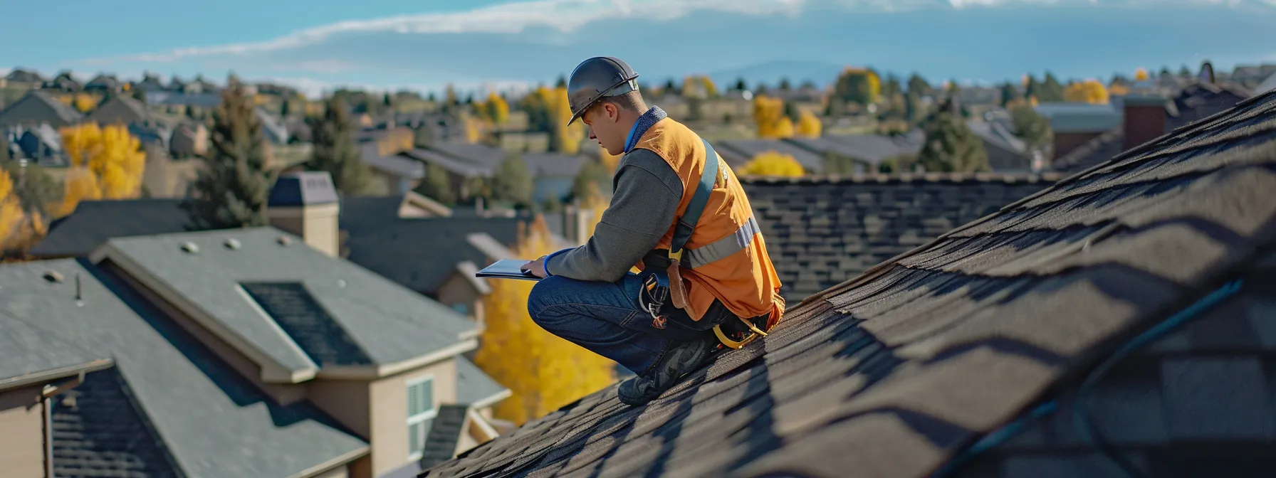 a professional roofer inspecting the condition of a residential roof in centennial, colorado.