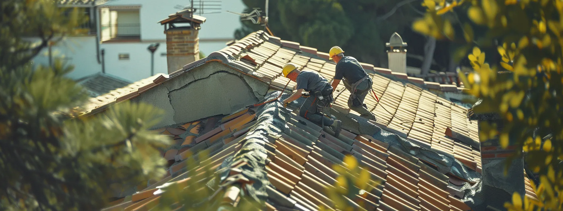 professional roofers working on repairing a damaged roof on a house.