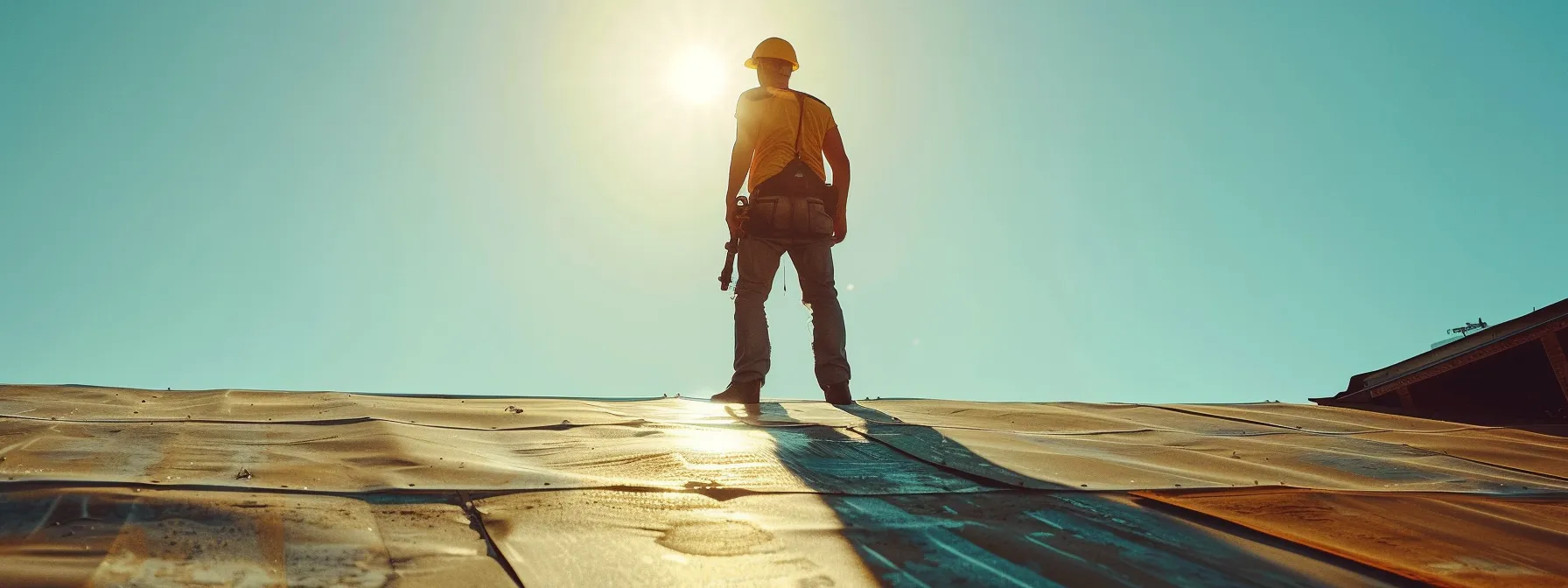 a professional roofer inspecting a sturdy, well-maintained roof under a clear blue sky.