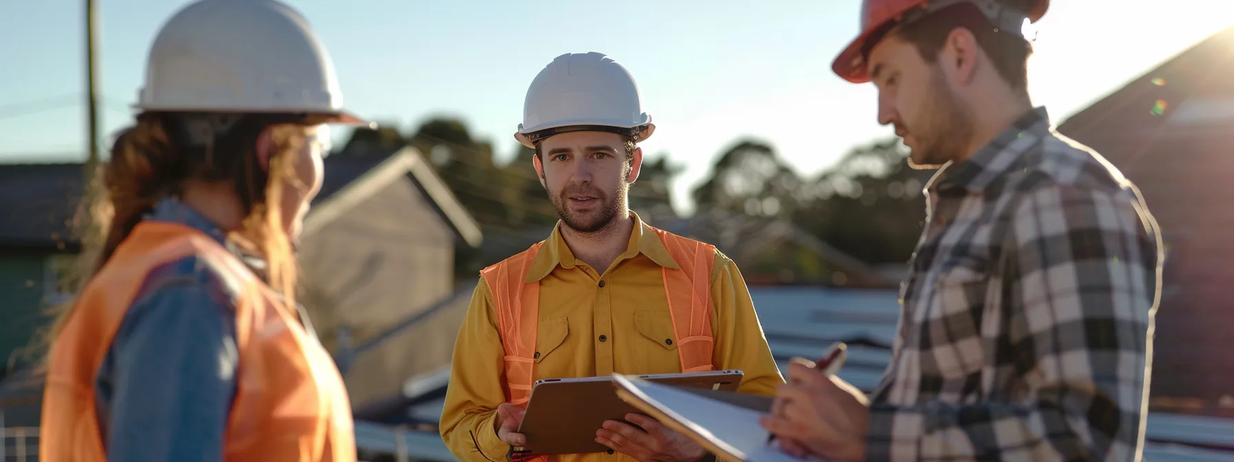 a group of commercial roofers explaining detailed proposals and materials to a property owner.