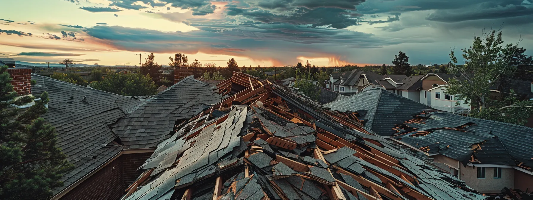 a damaged roof in centennial, co after a severe storm.