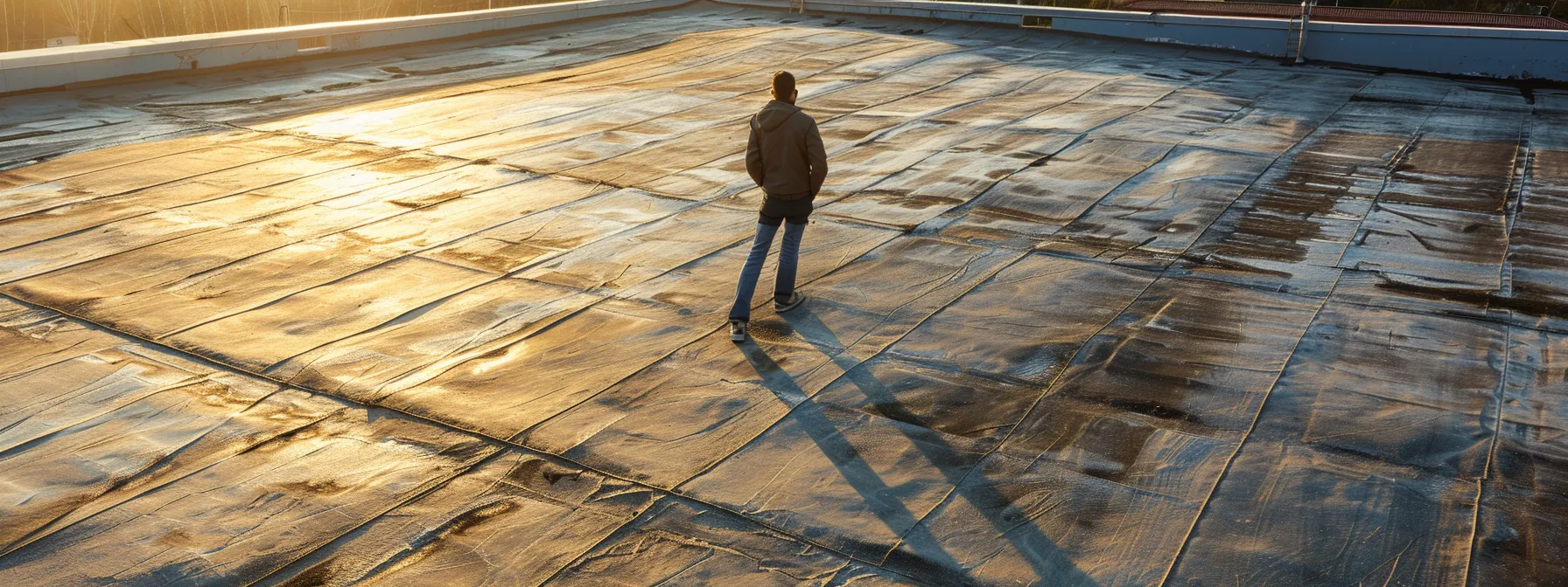 a person inspecting a commercial roof for leaks, damage, or wear.