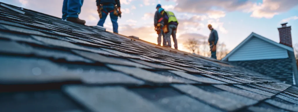 a group of contractors inspecting a roof on a residential building.