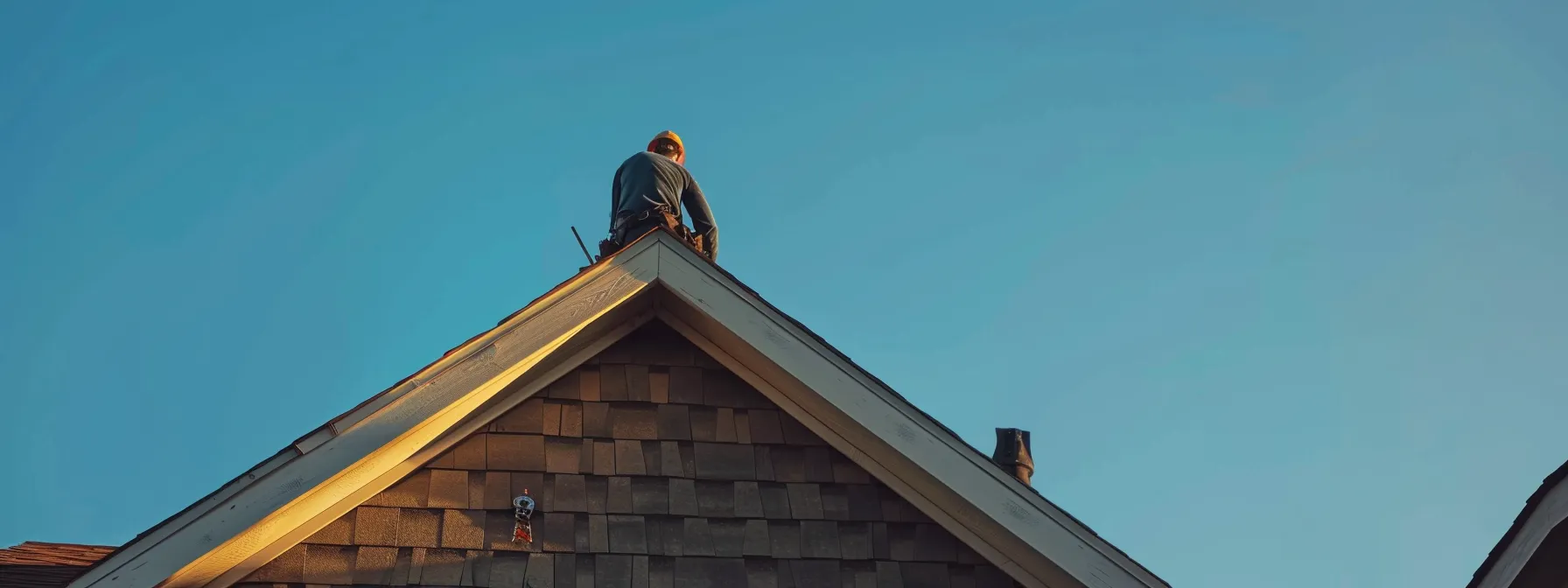 a roofing contractor expertly installing asphalt shingles on a centennial home under a clear blue sky.