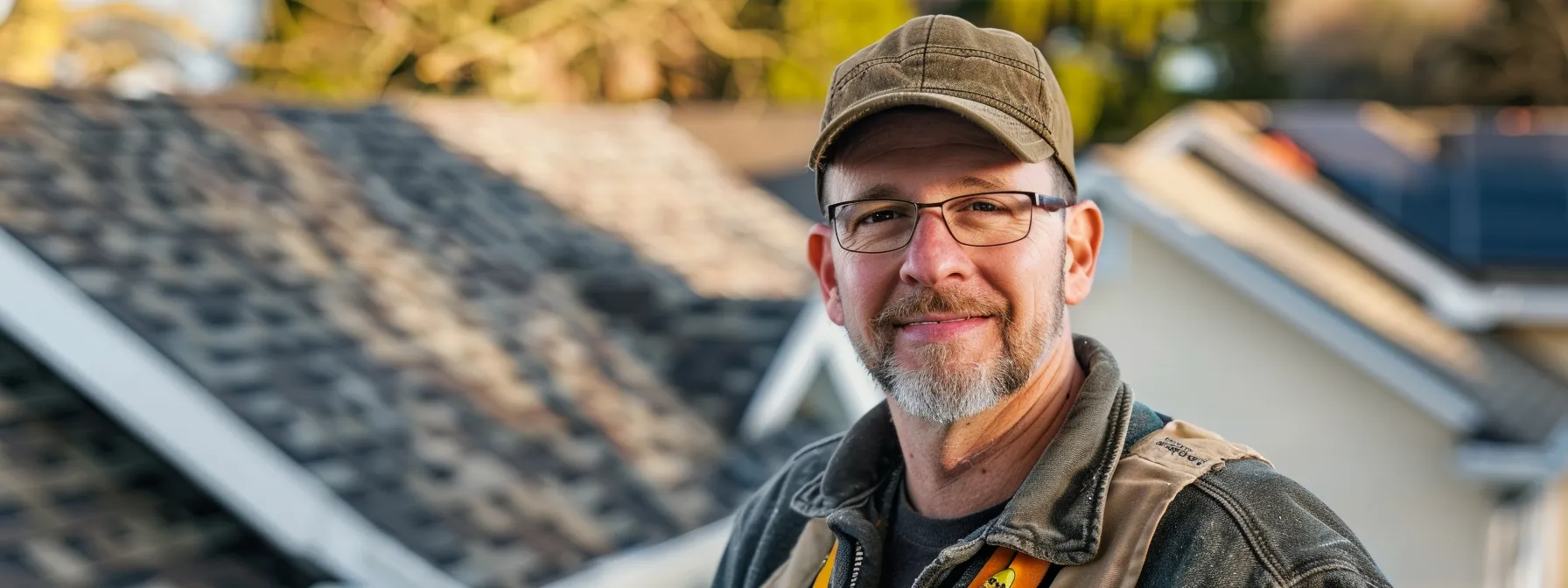 a professional roofer with a badge showcasing licenses, certifications, and insurance coverage, standing confidently in front of a variety of roof materials.