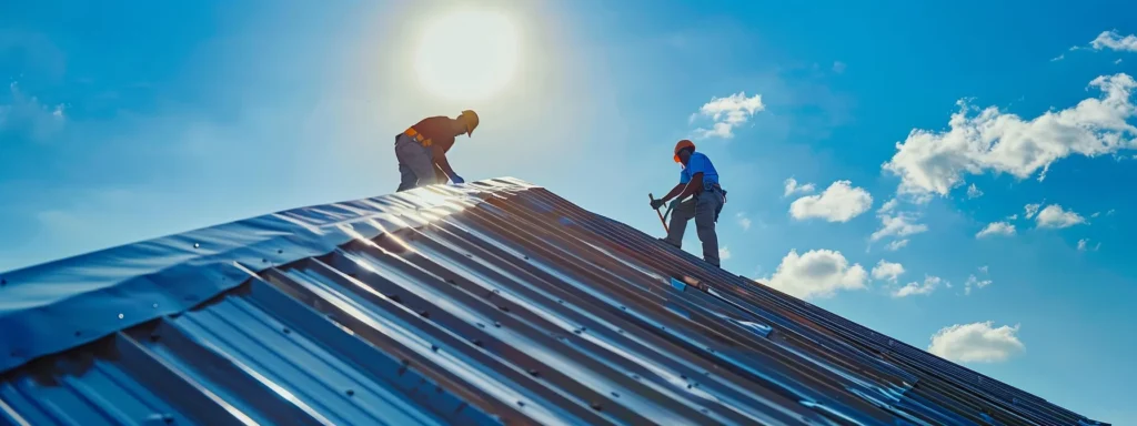 a professional roofing crew installing a new, sturdy commercial roof under a clear blue sky.