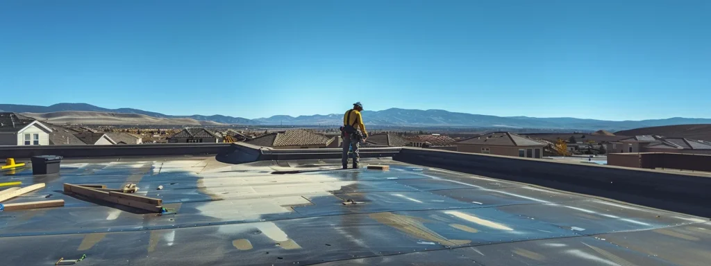 a skilled roofer working on a pristine rooftop under a clear blue sky in centennial.