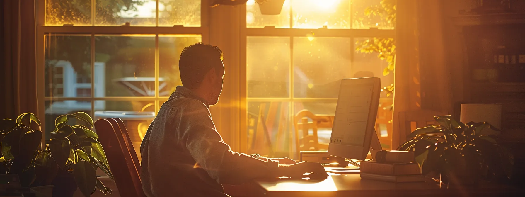 a homeowner sitting at a computer, filling out a form online to get an instant roof installation quote, with a sunny window in the background casting a warm glow on the room.