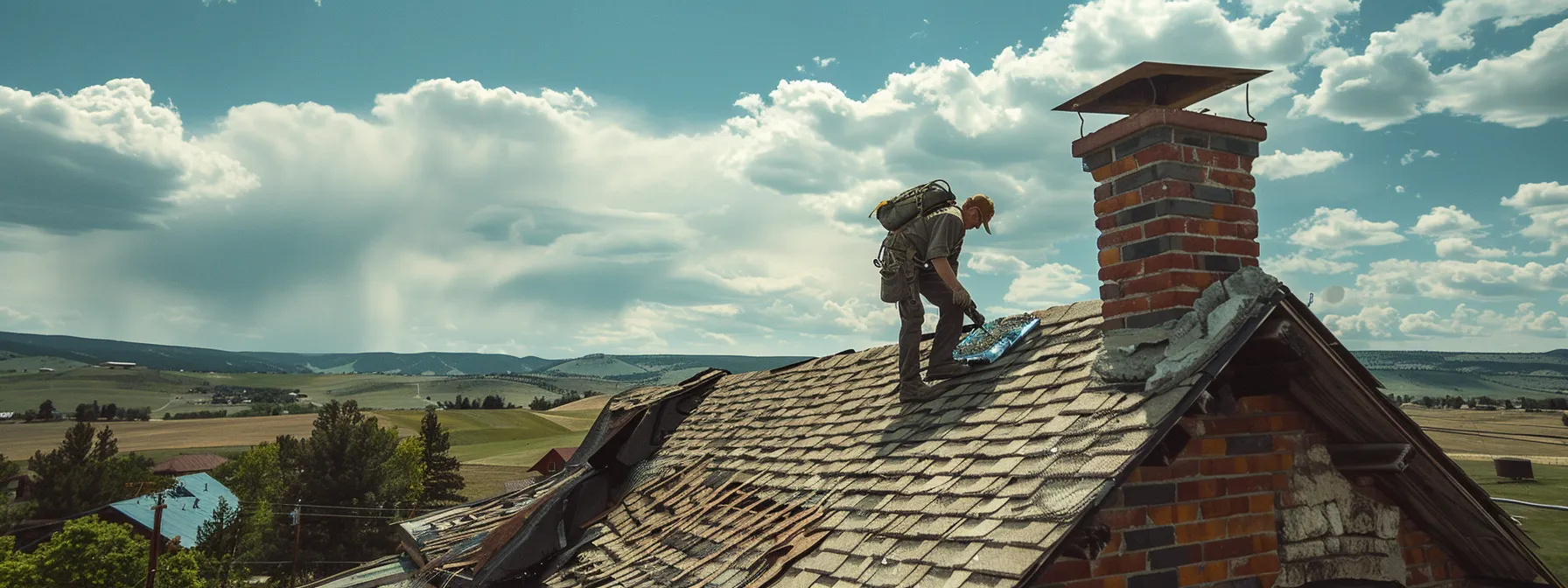 a skilled roofer meticulously repairing a damaged chimney on a house in centennial to ensure its longevity and protection.