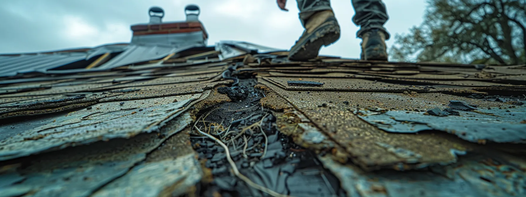 a skilled roofer inspecting a worn-out commercial roof, pointing out visible damage and leaks.