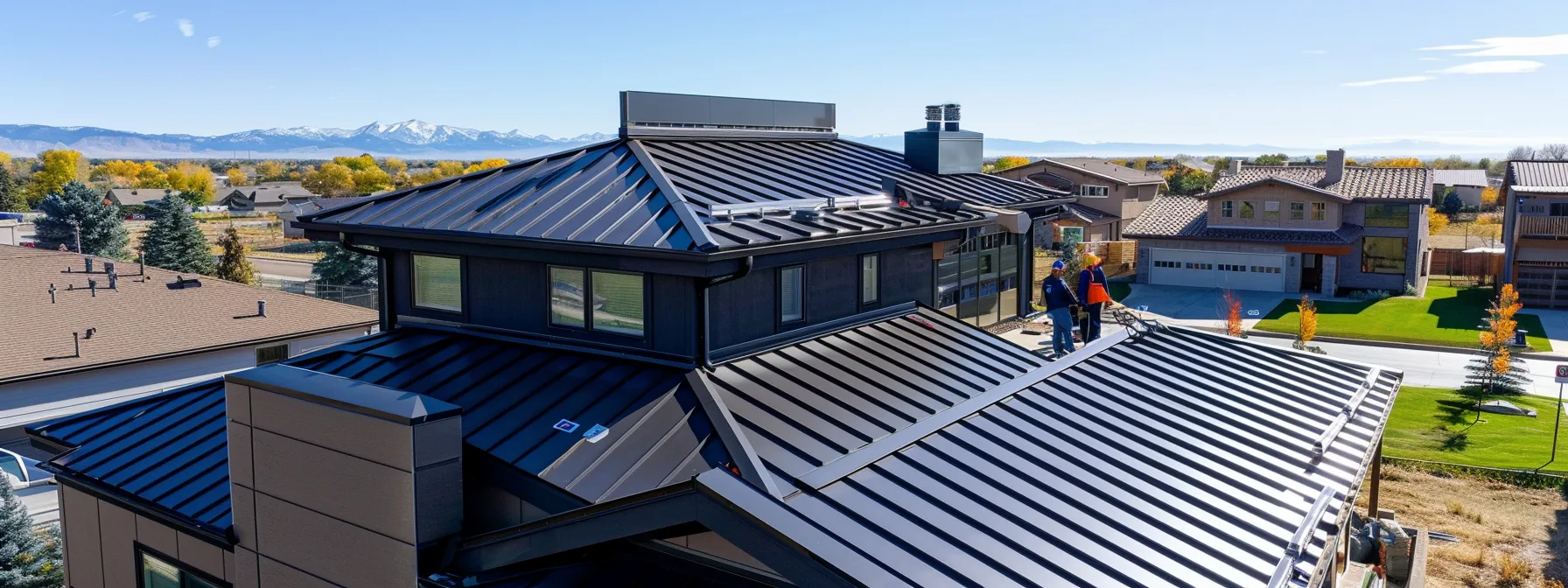 a team of skilled metal roofing installers carefully working on a sleek, modern metal roof atop a residential property in centennial, co.