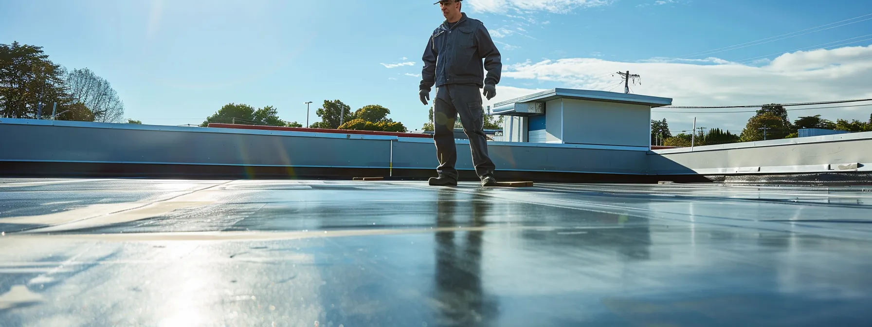 a commercial roofing contractor examining epdm rubber and silicon applications on a large flat roof, ensuring quality and longevity.