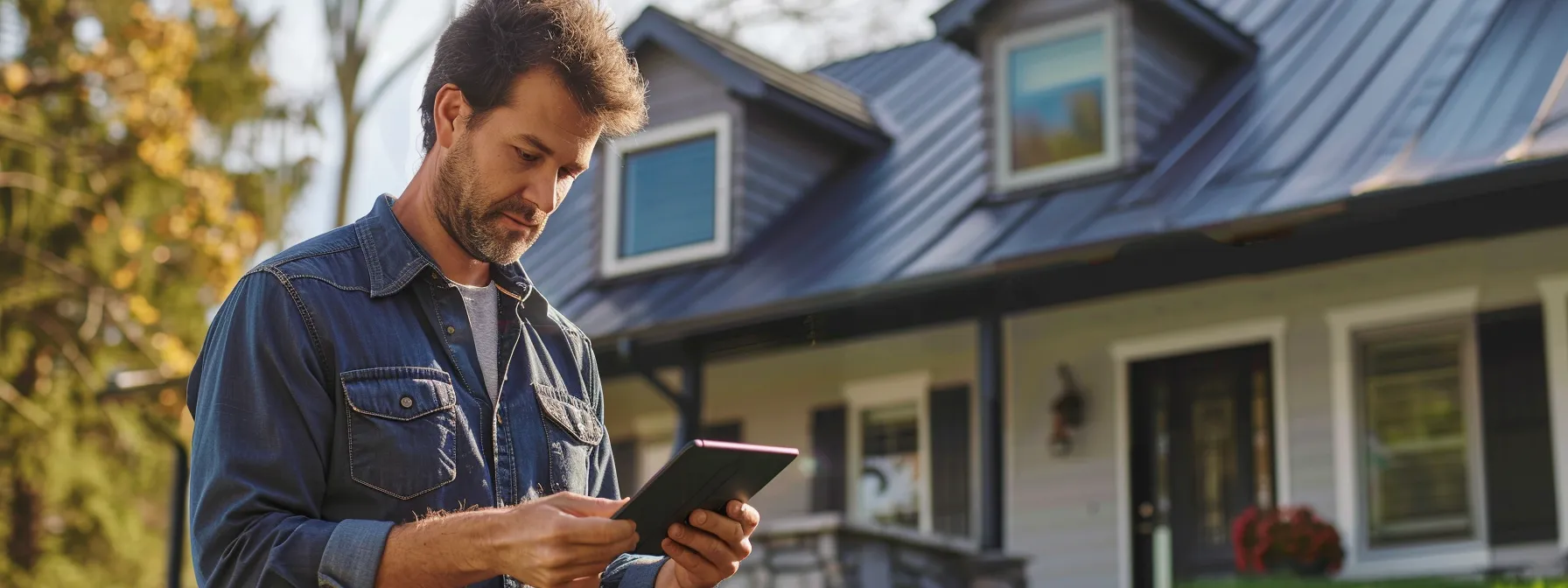 a homeowner confidently comparing instant roofing quotes on a tablet, with a sleek steel roof displayed in the background.