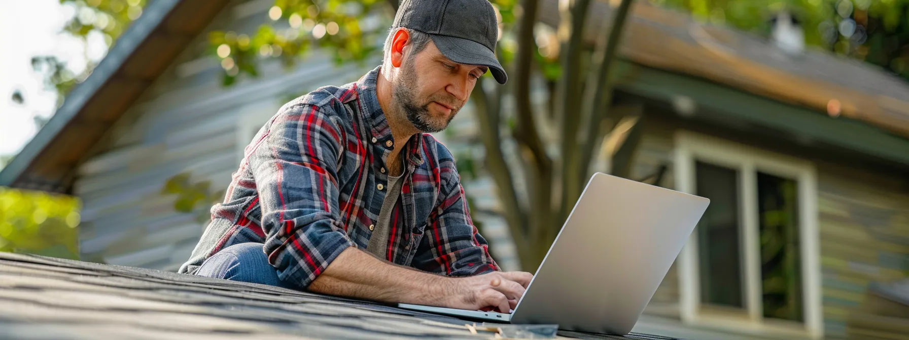 a homeowner looking at a detailed roofing quote on a laptop, surrounded by samples of roofing materials like shingles and metal panels.